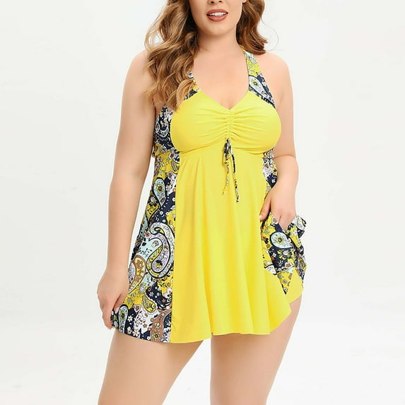 Sakmal Plus Size Women Bathing Suits Tie Front Two Piece Sets Tankinis Yellow Bathing Suits Full Coverage Swimsuit Sets