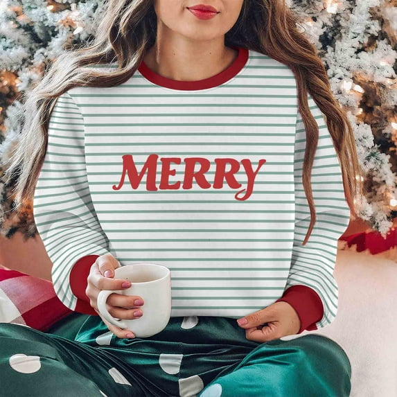 Sakmal Plus Size Women Christmas Sweatshirts Blue Crew Neck Tops Merry Fashion Sweatshirt for Women