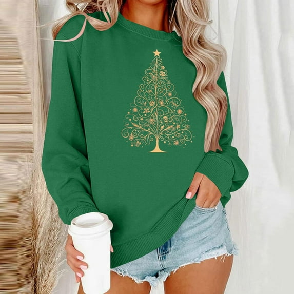 Sakmal Plus Size Women Christmas Sweatshirts Green Crew Neck Tops Christmas Trees Fashion Sweatshirt for Women
