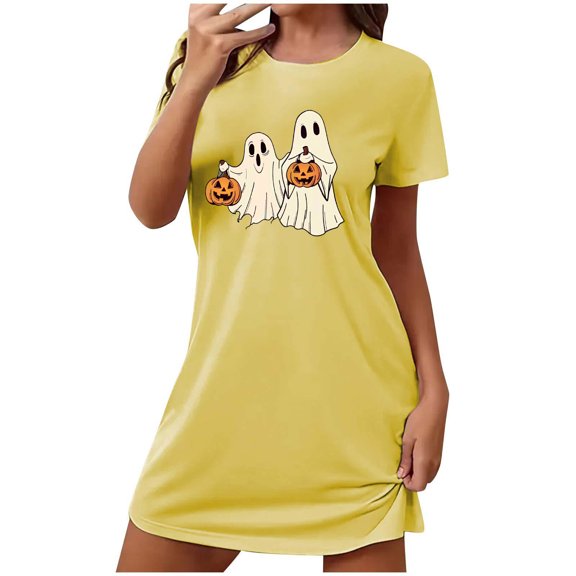 Sakmal Plus Size Women Moomoo Nightgowns Halloween Cute Yellow Cloud-Like Sleep Dress Short Short Sleeve Crew Neck Ghost Print Nightgowns S-2XL