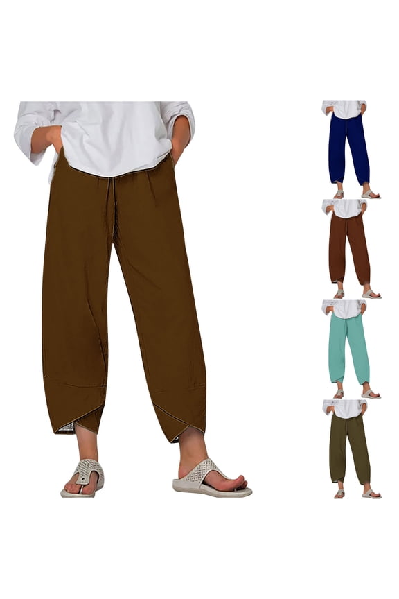 Plus Size Women's Capri Pants Wide Leg Elastic Waist Cotton Linen Pants Beach Vacation Lightweight Solid Women's Capris L