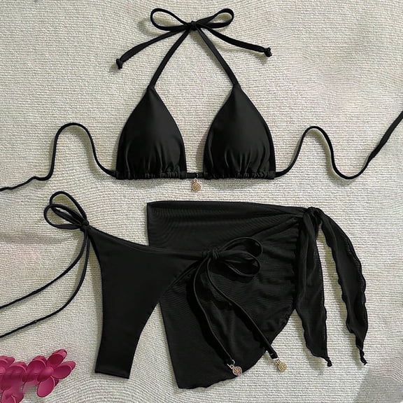 Sakmal Plus Size Womens Bikini Sets 3 Piece Padded Swimwear Black Solid Hawaiian Womens Swimsuits S