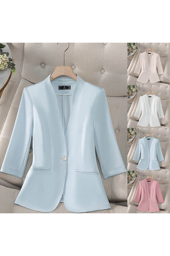 Womens Blazers Dressy Casual Plus Size Beige Cardigan Jacket 3/4 Sleeve Trendy Womens Blazer with Pockets