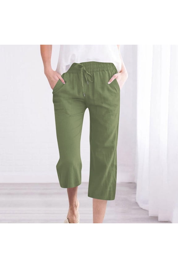 Plus Size Womens Capris Green Cotton Linen Straight Leg Stretchy Leggings High Waisted Solid Cropped Drawstring Capris