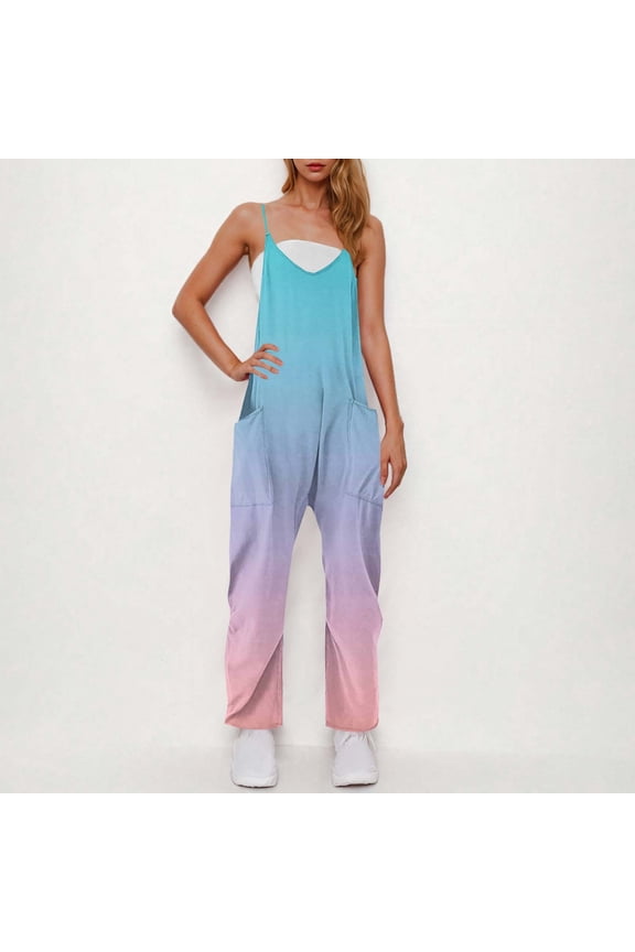 Plus Size Womens Jumpsuit Sleeveless Workout Blue Overalls Gradient Long Straight Leg V Neck Pants with Pockets