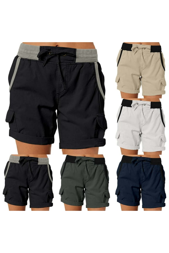 Plus Size Womens Khaki Shorts Cotton Cargo Wide Leg Color Block Black Lightweight Womens Shorts with Pockets