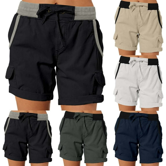 Sakmal Womens Khaki Shorts Cotton Cargo Wide Leg Color Block Black Lightweight Womens Shorts with Pockets
