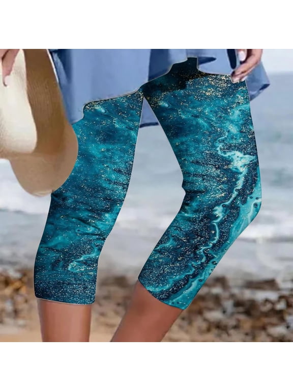 Plus Size Womens Leggings Blue High Waisted Beach Soft Yoga Pants 7/8th Graphic Tropical Leggings
