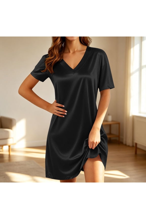 Womens Moo Moo Nightgown Short Black Comfy House Dress Short Sleeve Patchwork Nightgowns for Women