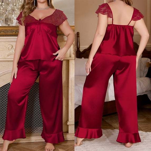 Sakmal Plus Size Womens Pajama Sets Short Sleeve Top and Pants Silky Lace Patchwork Pjs ,Red,XXXXXL