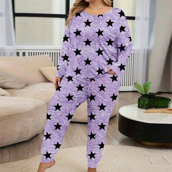 Sakmal Plus Size Womens Pajama Sets Soft Long Sleeve Pants and Top Purple Loungewear Stars Crew Neck Pajamas for Women