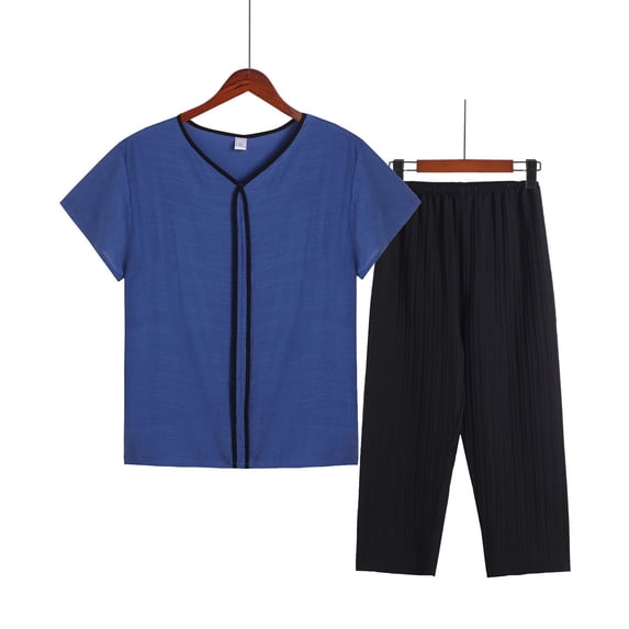 Sakmal Plus Size Womens Pajamas Two Piece Solid Cotton Linen Short Sleeve Top and Pants Lounge Set ,Blue,XXL