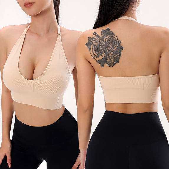 Sakmal Womens Sports Bras Halter Large Bust Solid Fall Coverage Activewear Beige Sports Bras for Women L