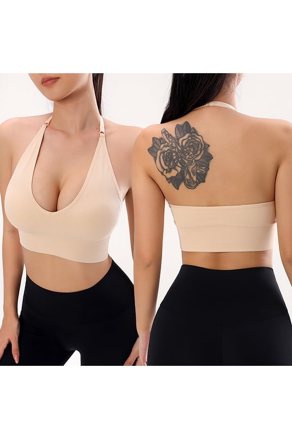 Plus Size Womens Sports Bras Halter Large Bust Solid Fall Coverage Activewear Beige Sports Bras for Women L