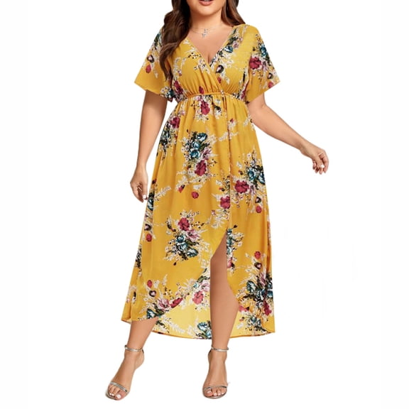 Sakmal Plus Size Womens Spring Dresses Empire Waist T Shirt Yellow Long Dress Floral Short Sleeve Dresses