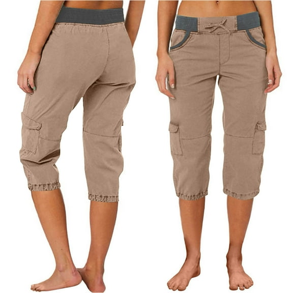 Sakmal Plus Szie Cargo Shorts for Women Drawstring Straight Leg High Waisted Capris Solid Trendy Brown Ladies Shorts with Pockets
