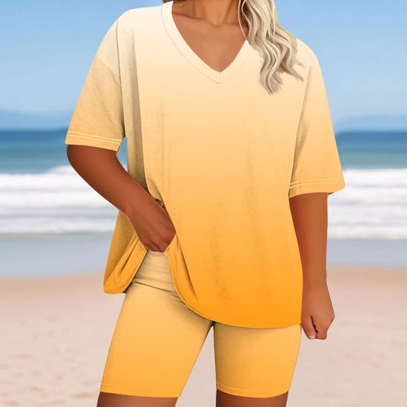 Sakmal Plus Szie Shorts Sets for Women High Waisted 2 Piece Outfits Casual Gradient Yellow Ladies Shorts with Pockets