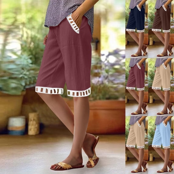 Sakmal Women Cotton Linen Shorts Knee Length Bermuda High Waisted Straight Leg Stretchy Color Block Shorts for Women