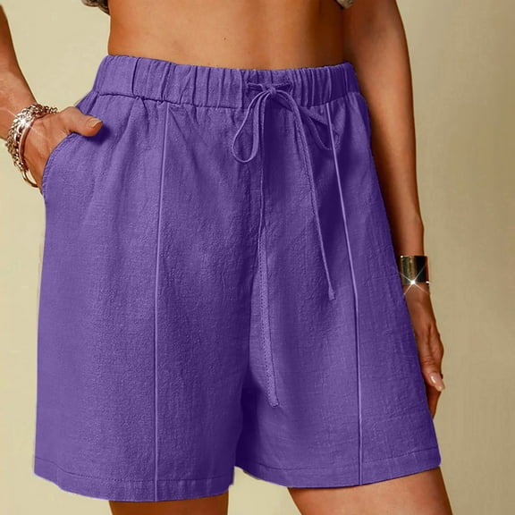 Sakmal Plus Szie Women's Cotton Linen Shorts High Waisted Wide Leg Purple Elastic Waist Solid Shorts for Women with Pockets