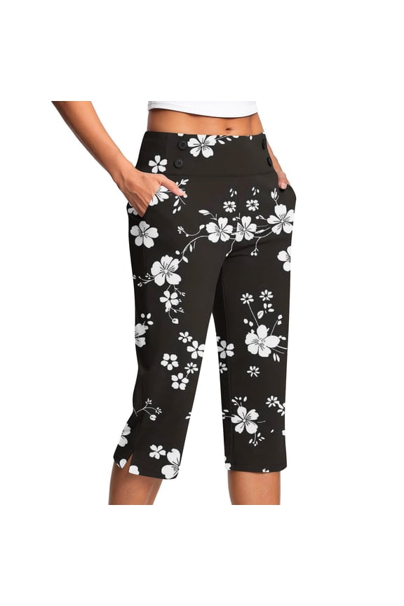 Plus Szie Women's Shorts Straight Leg High Waisted Capris Floral Comfy Shorts for Women with Pockets