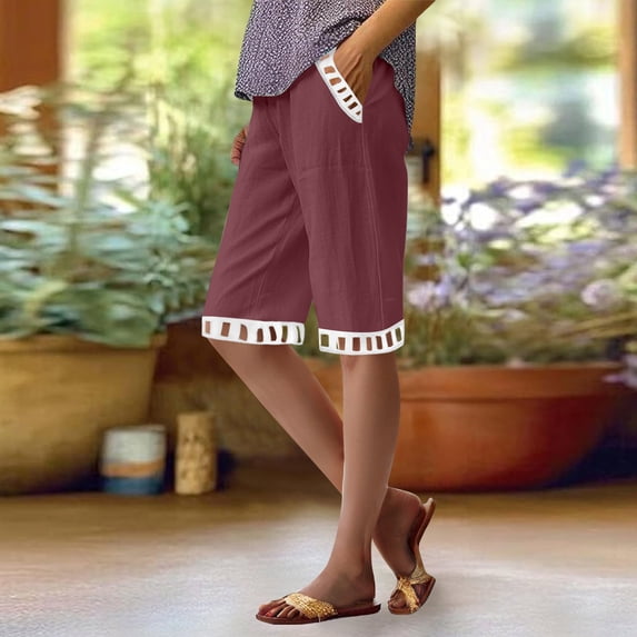 Sakmal Plus Szie Womens Cotton Linen Shorts Knee Length Bermuda High Waisted Straight Leg Beach Vacation Red Color Block Ladies Shorts 3XL