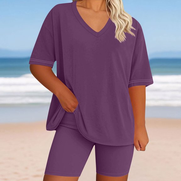 Sakmal Plus Szie Womens Shorts Sets High Waisted 2 Piece Outfits Solid Purple Beach Vacation Ladies Shorts with Pockets