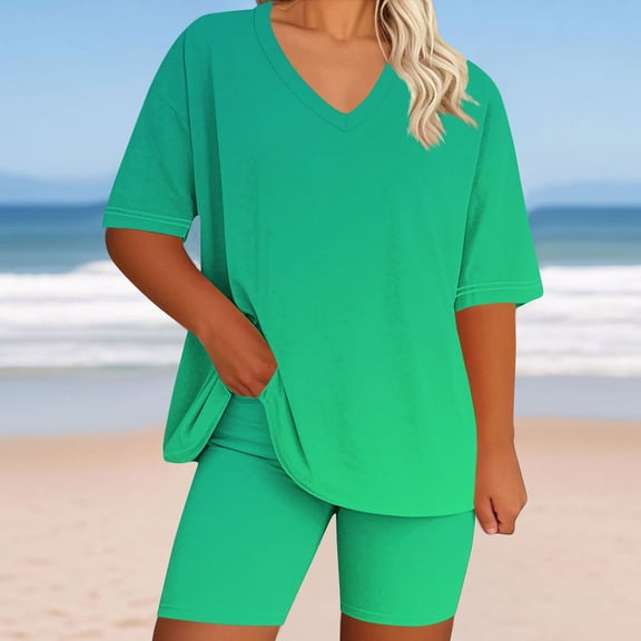 Sakmal Plus Szie Womens Shorts Sets High Waisted 2 Piece Outfits Stretchy Green Gradient Ladies Shorts with Pockets