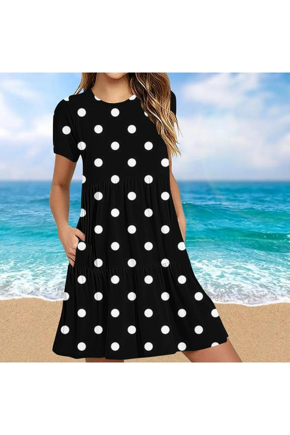 Polka Dot Plus Size Summer Dresses Basic Loose Fit Short Sleeve Comfort Fit Black Long Sundress