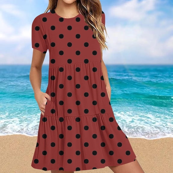 Sakmal Polka Dot Womens Summer Dresses Loose Fit Basic Comfort Fit Red Short Sleeve Long Sundress
