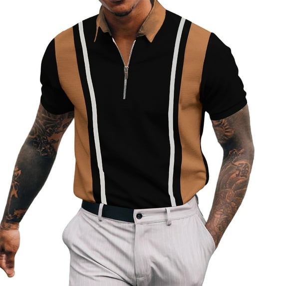 Sakmal Polo Shirts Men Short Sleeve Summer Zip Neck Tshirts Brown Striped Dressy Casual Shirts for Men XL