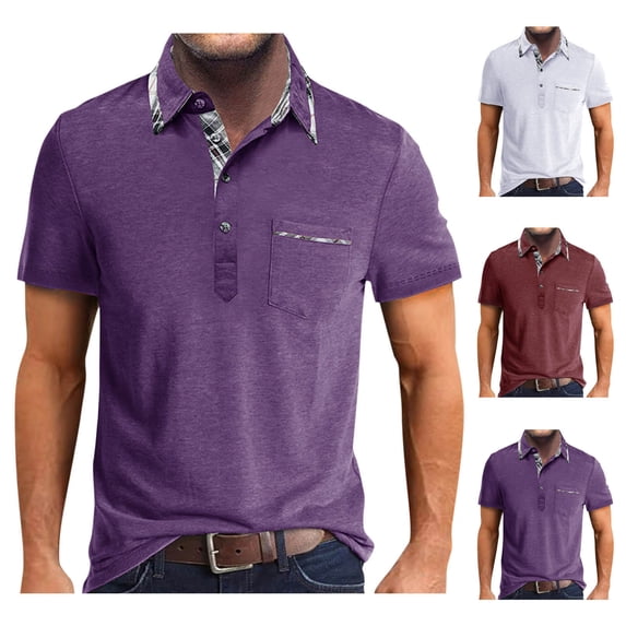Sakmal Polo Shirts for Men Button Down Summer Short Sleeve Tshirts Purple Business Casual Solid Mens Shirts L
