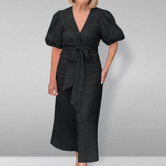 Sakmal Puff Sleeve Womens Dresses Solid Short Sleeve Comfort Fit Black Maxi Shirt Dress
