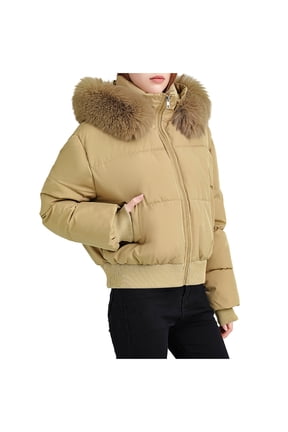 Puffer Coats for Women with Faux Fur Hood Quilted Outerwear Zip Up Down Coat Yellow Windbreaker Padded Jackets for Women