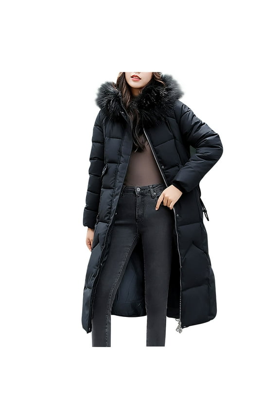 Puffer Jacket Women Thicken Quilted Zip Up Hooded Down Jackets Windproof Overcoat Parka Black Long Coats for Women