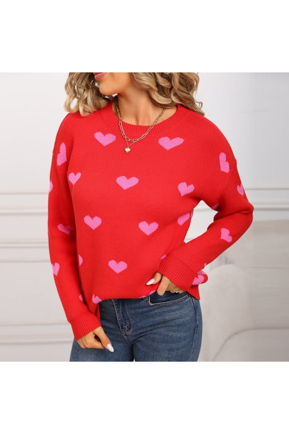 Pullover Fall Sweaters for Women Long Sleeve Lightweight Tops Loose Crew Neck Pink Heart Print Sweaters for Women