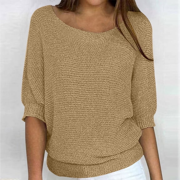 Sakmal Pullover Fall Sweaters for Women Oversized Chunky Soft Brown Tops Crew Neck Short Sleeve Loose Solid Sweaters for Women
