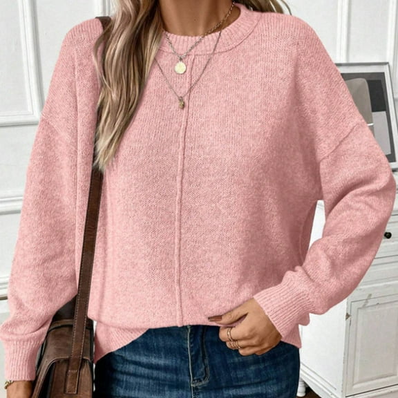 Sakmal Pullover Sweaters for Women 2025 Pink Cute Tops Crew Neck Solid Casual Long Sleeve Sweaters for Women