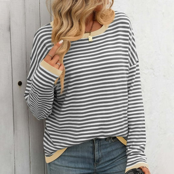 Sakmal Pullover Sweaters for Women Knit Long Sleeve Tops Crew Neck Gray Fashion Striped Sweaters for Women