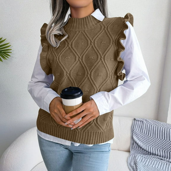 Sakmal Pullover Sweaters for Women Teacher Cable Knit Bronze Ruffle Sweater Vest Solid Fashion Crew Neck Sweaters for Women