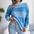 thumbnail image 1 of Sakmal Pullover Woemns Sweaters Cute Crochet Blue Cotton Tops Crew Neck Loose Long Sleeve Striped Sweaters for Women, 1 of 9