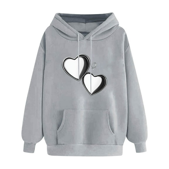 Sakmal Pullover Women Hooded Sweatshirts Gray Sweatshirts Heart Print Comfy Hoodies with Pockets