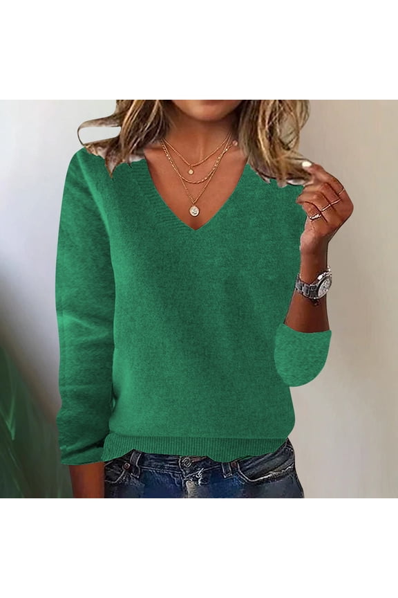 Pullover Womens Fall Sweaters Cotton Green V Neck Plain Loose Womens Sweater XXL