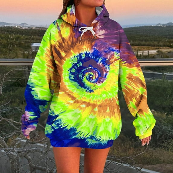 Sakmal Pullover Womens Hoodies Tunic Yellow Tops Tie Dye Fashion Hoodies with Pockets