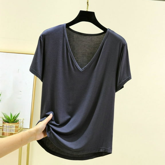Sakmal Pullover Womens Pajama Tops Cotton Short Sleeve Tshirt Gray V-Neck Tshirt for Women L