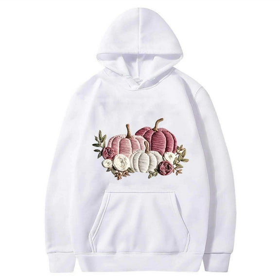 Sakmal Pumpkin Print Hoodies for Women White Thanksgiving Cute Sweatshirts Loose Fit Hoodies with Pockets