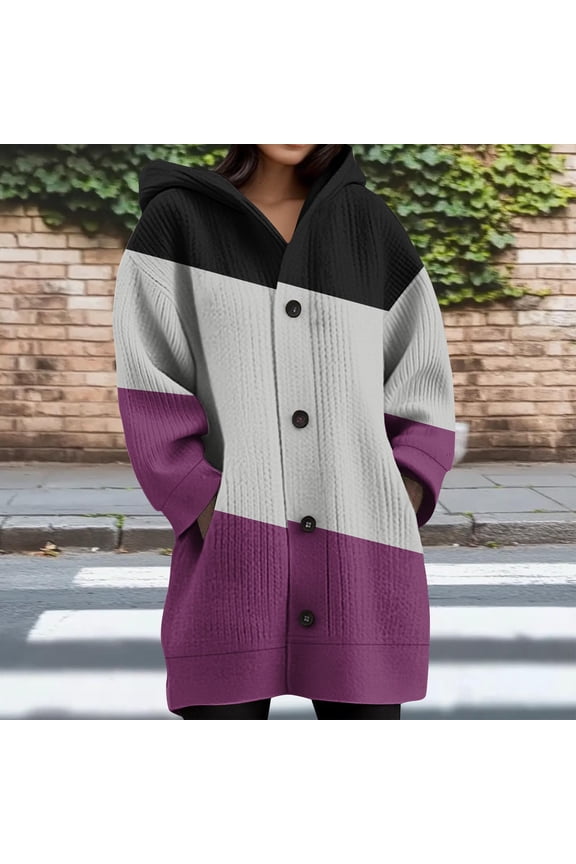 Purple Hoodies for Women Button Cotton Striped Long Tops Comfy Hoodies for Women