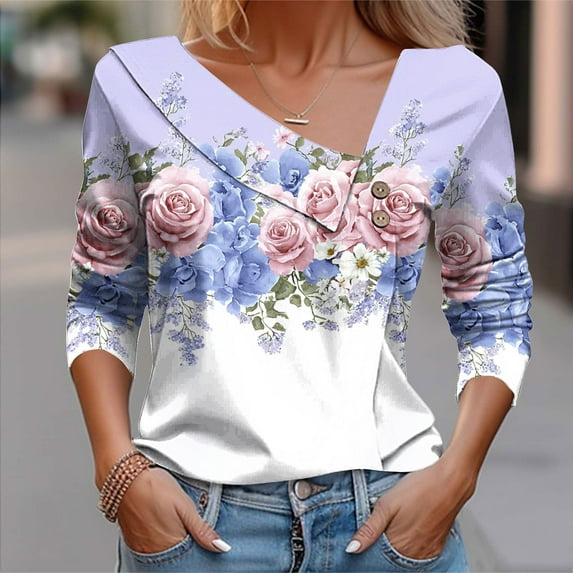 Sakmal Purple Ladies Tops And Blouses Fashion Button Down Shirts Collared Long Sleeve Floral Shirts for Women