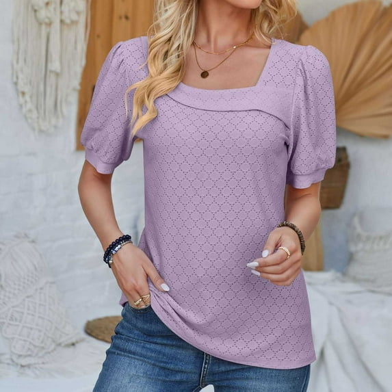 Sakmal Purple Ladies Tops Under $10 Short Sleeve Solid Scoop Neck Puff Sleeves T-Shirts T Shirts for Women
