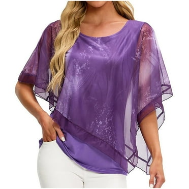 Sakmal Purple Oversized Tshirts for Women Short Sleeve Tullet Solid Asymmetrical Crew Neck T-Shirts Ladies Shirts Clearance