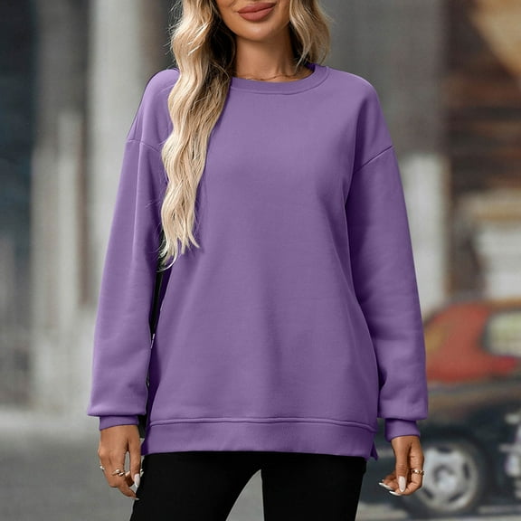 Sakmal Purple Shirts Women Workout Trendy Sweatshirts Crew Neck Long Sleeve Plain Blouses with Pockets